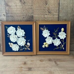 Vintage Handmade seashell flower art with blue velvet fabric and wooden frames